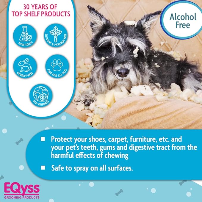 EQyss Chew Proof It! Anti-Chew Spray - Stop Your Pet from Chewing Shoes, Furniture, Carpet, all Surfaces - Safe for Indoor & Outdoor Use, Non-Staining