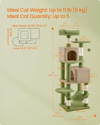 Feandrea Cat Tree, 61-Inch Cat Tower for Indoor Cats, Plush Multi-Level Cat Condo with 5 Scratching Posts, 2 Perches, 2 Caves, Hammock, 2 Pompoms, Grass Green and Camel Brown UPCT192C03