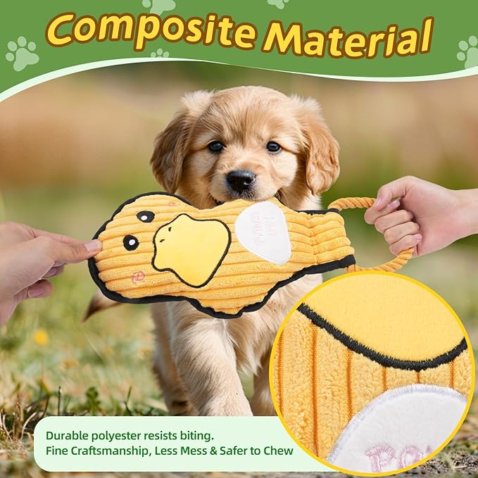 2-Pack Squeaky Dog Toys & Tough Tug of War Set - No Stuffing Chew-Resistant Plush Toys to Keep Them Busy, Best Birthday Gift for Small/Medium/Large Breeds (Ducks & Dino)