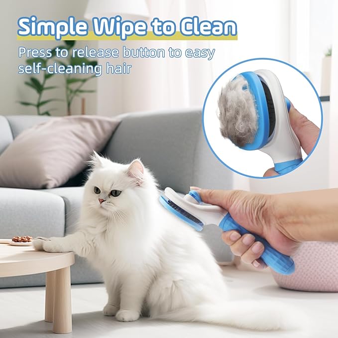 Self Cleaning Cat Brush,Slicker Dog Brush for Shedding,Skin Friendly Cat Brushes for Indoor Cats Massage Grooming,Dog Deshedding Brush for Long&Short Haired Dogs Loose Fur Hair Removal Blue