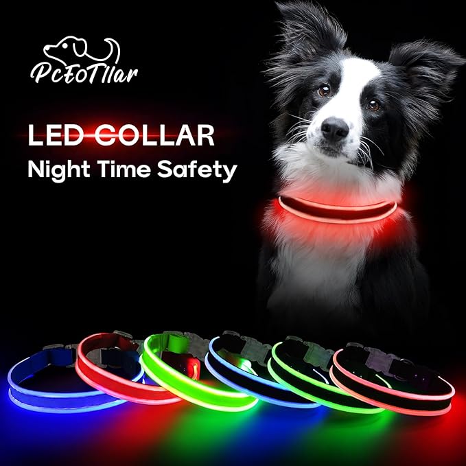 PcEoTllar Light up Dog Collars Rechargeable, LED Dog Collar Night Walking, Waterproof Flashing Glow in The Dark Dog Collars, Adjustable Dog Lights for Large Small Medium Dogs Red-L