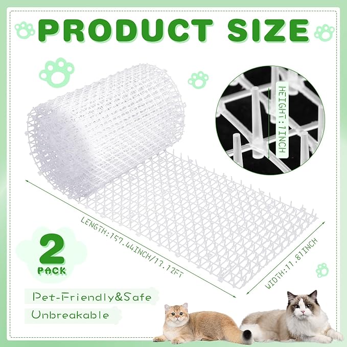Sanwuta 2 Pcs 26.3 ft Cat Spike Mat Outdoor Cat Deterrent Mat with Spikes Prickle Strips Indoor Dog Digging Deterrent Anti Network Spikes with 10 Staples for Garden Fence(White)