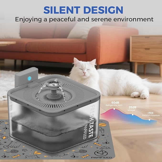 PAPIFEED Wireless Cat Water Fountain, 106oz/3L Battery Operated Pet Water Fountain Cordless for Cats Indoor, Automatic Cat Drinking Dispenser with Motion Sensor, Leak-Proof Silicone Pad Included Grey