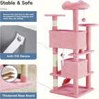 DUMOS 54-inch Indoor Cat Tree Tower –Multi-Level Pet House for Large Cats with 2 Condos, Scratching Posts, Round Platform, Small Ladder, and Toys, Pink