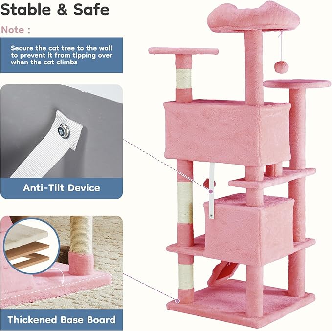 DUMOS 54-inch Indoor Cat Tree Tower –Multi-Level Pet House for Large Cats with 2 Condos, Scratching Posts, Round Platform, Small Ladder, and Toys, Pink