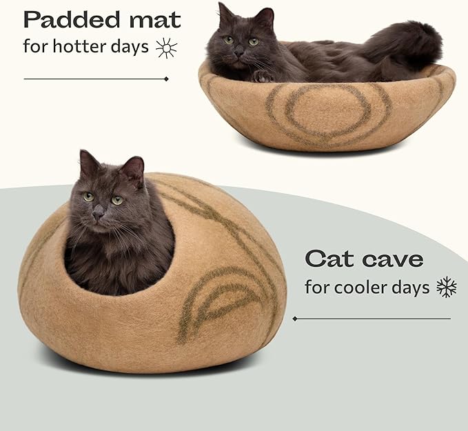 MEOWFIA Cat Cave – Premium Felt Cat Bed for Indoor Cats, Handmade 100% Merino Wool (Light Shades) (Medium, Beige)