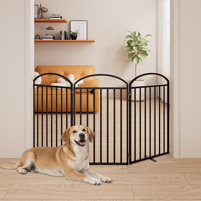 3 Panels Full Matel Freestanding Dog Gates with Door, 72"Extra Wide 36"Tall Free Standing Dog Pet Gate for Indoor & Outdoor. Foldable Pet Fences for Doorways, House, Stairs, Porch, Deck, Yard