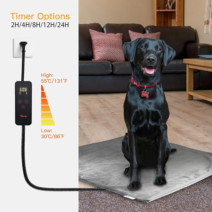 Toozey Pet Heating Pad, 6 Adjustable Temperature Dog Cat Heating Pad with Timer, Waterproof Heated Dog Bed with Chew Resistant Cord, Indoor Electric Pet Heated Mat 28x20in