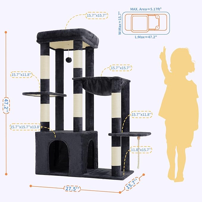 Heybly Heavy Duty Cat Tree, Tower for Indoor Cats Large Adult, Tall Cat Condo House with Extra-Large Baseboard, Multi-Level Plush Furniture with Scratching Posts, Hammock, Toy Ball, Smoky Gray HCT026G