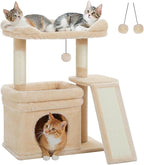 PEQULTI Small Cat Tree Tower for Large Adult Cats with Wide Top Perch, Private Cat Condo and Sisal Scratching Post&Pad for Indoor Cats, Beige