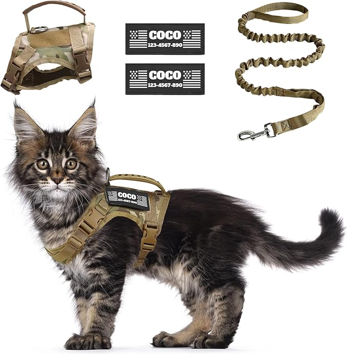 Tactical Cat Harness Escape Proof for Walking with Personalized Patches - Adjustable Cat Harness 8-20lbs Escape Proof - Soft Vest for Large Kitty with Optional Leash (Camo)