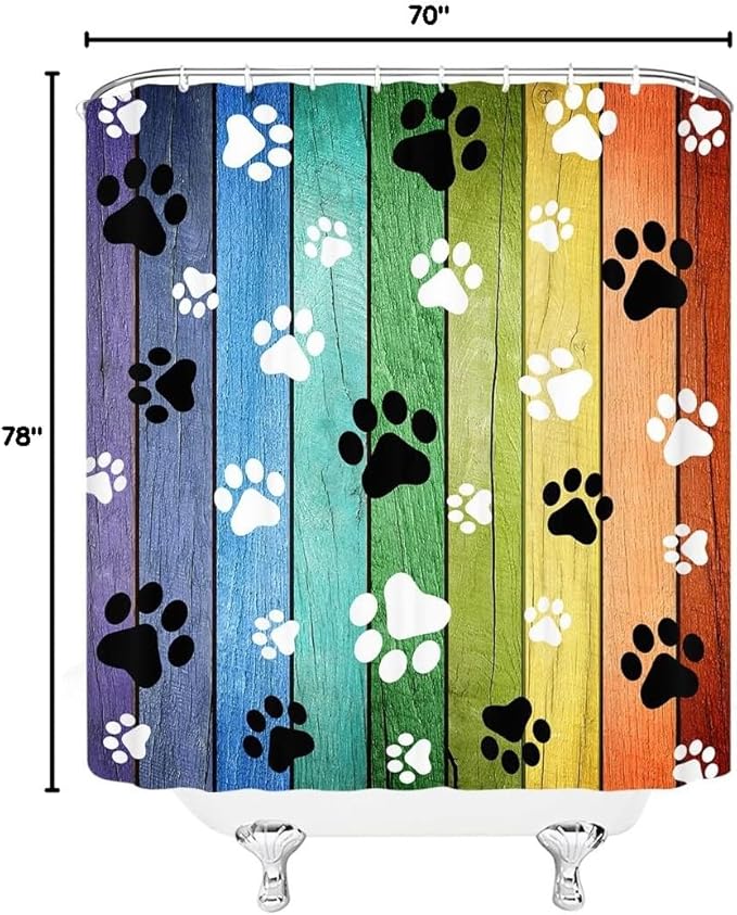 Dog Paws Shower Curtain Rustic Old Barn Wood Board Black White Cute Dogs Cat Pet Paw Abstract Animal Footprint Pattern Print Modern Bath Decor Curtains with Hooks 70Wx80H Inch