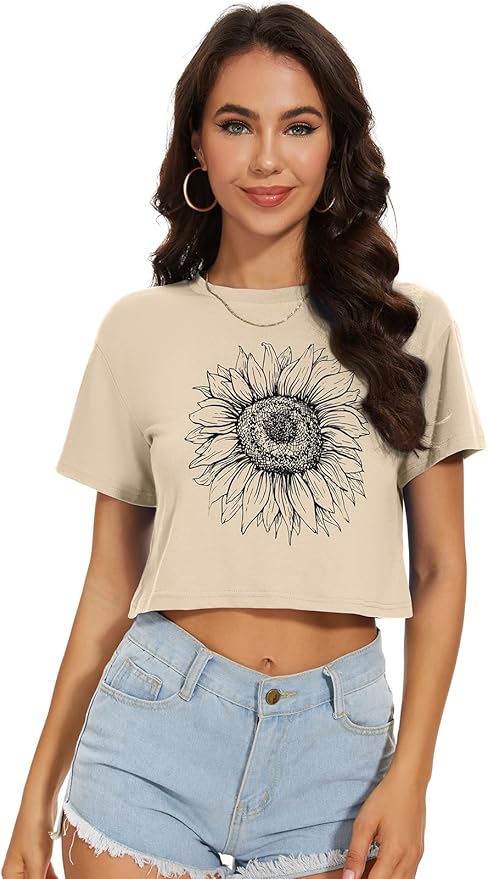 Womens Summer Crop Tops Short Sleeve Round Neck T-Shirts Loose Fit Casual Blouse