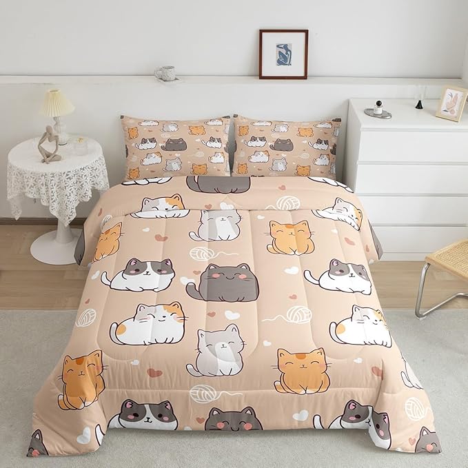 Erosebridal Cute Kitten Comforter Set Kawaii Cat Bedding Set King, Lovely Pet Bedding Sets & Collections Red Love Print Down Comforter, Animal Themed Bed Set Kids Room Decor 3pcs with 2 Pillowcases