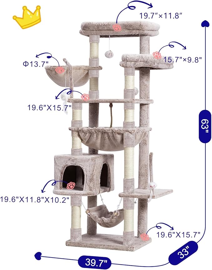 Cat Tree, Cat Tower for Large Cats with 2 Big Platforms, 2 Baskets, condo and Toys, 63" Cat Scratching Posts for Indoor Cats, Muchroom GCT020MU