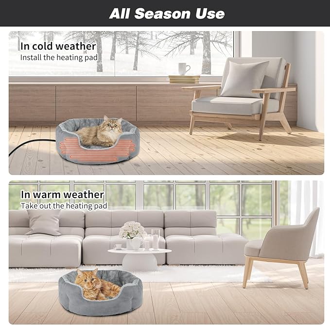 Heated Cat Bed Indoor, 18.5" Soft Heated Pet Bed for Indoor Cats with Timer and Temp Adjustable, Warming Cat Bed Heating Pad for Indoor Cats Kitten Old Cat Senior Cat