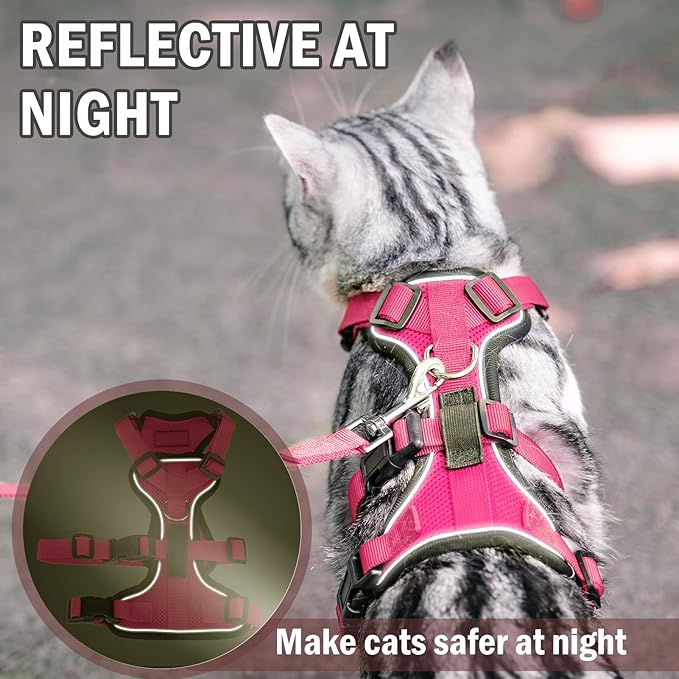 PUPTECK Cat Harness and Leash Set Escape Proof for Walking, Breathable Mesh Vest Adjustable Harness for Cats Puppy Small Animals, Reflective at Night, Fuschia Medium