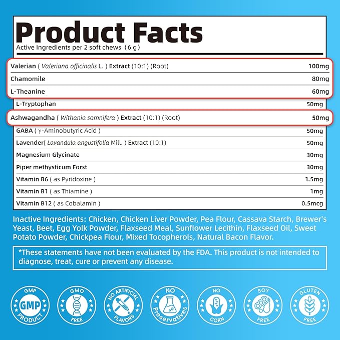 Calming Chews for Dogs – Calming Treats for Anxiety, Stress, Separation, Travel&Thunder, Relaxation & Focus Support with L-Theanine, Valerian Root, Chamomile & Ashwagandha, Bacon Flavor, 90Ct