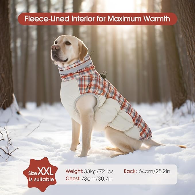 FUAMEY Dog Coat for Small Dogs,Waterproof Dog Winter Jacket with Harness Built in Puppy Cold Weather Coats Reflective Pet Vest with Zipper Warm Fleece Dogs Snowsuit Windproof Red Plaid S