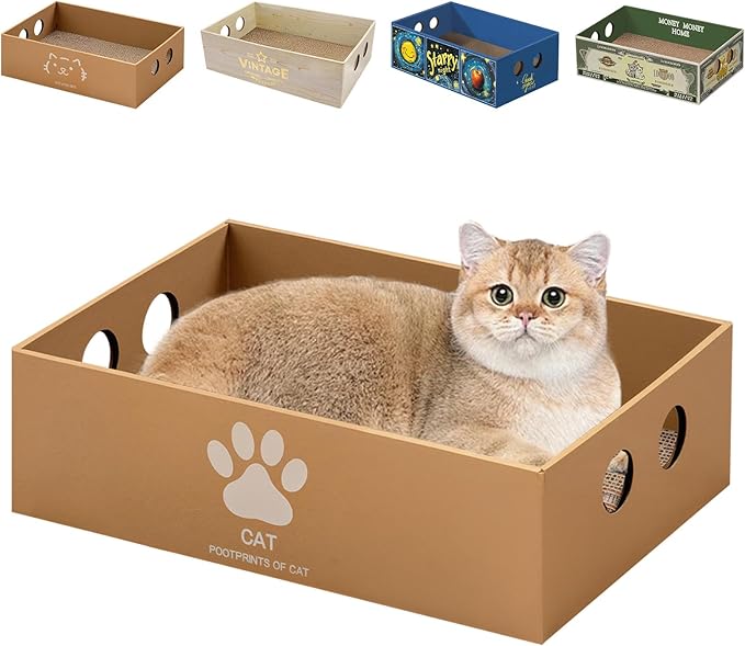 Heavy Duty Cardboard Cat Scratcher Box, Cat Bed with Double-Sided Cardboard Scratch Pad, Interactive Hole Design, Scratch Lounge Bed Suitable for Cats to Rest(Paw Pattern)