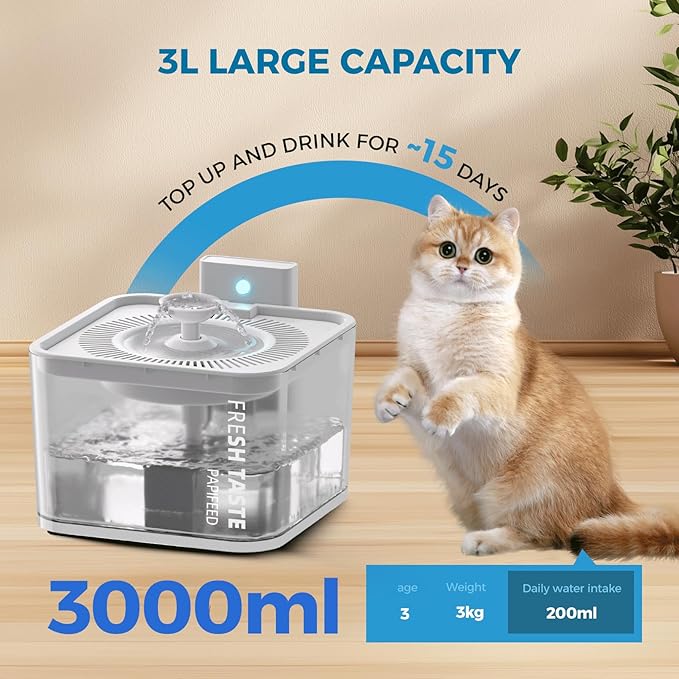 PAPIFEED Wireless Cat Water Fountain, 106oz/3L Battery Operated Pet Water Fountain Cordless for Cats Indoor, Automatic Cat Drinking Dispenser with Motion Sensor, Leak-Proof Silicone Pad Included White