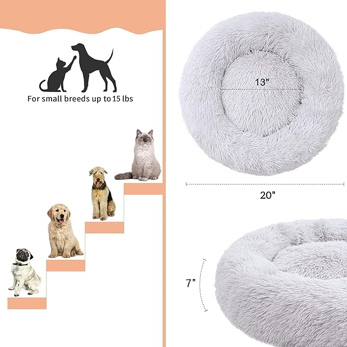 Cat Beds for Indoor Cats - Cat Bed Washable 20/24 inches, Dog Beds for Small Medium Dogs, Anti Anxiety Round Fluffy Plush Faux Fur Cat Bed, Thick Bottom (Light Grey, Medium)