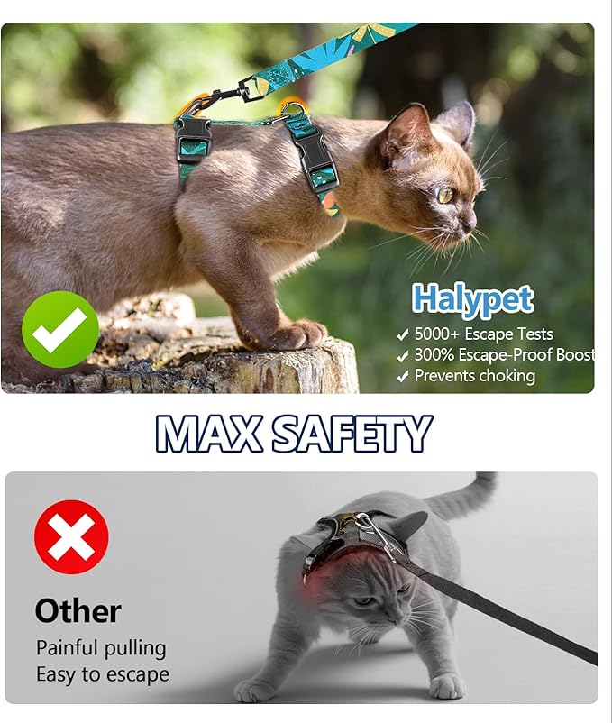 Halypet Cat Harness and Leash Set, Escape Proof [3 in 1 Adjustable & Lightweight] Cat Harness, Soft Comfortable Kitten Harness for Large Cats Safe, Easy to Wear (Hawaii Green, Medium)