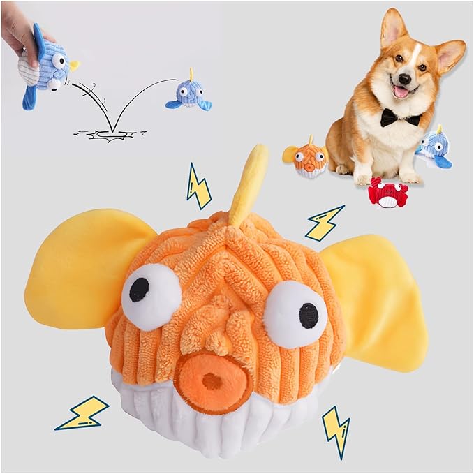Squeak Dog Toys For Aggressive Chewers, Interactive Dog Toy Ball With Crinkle Paper, No Stuffing, Perfect For Medium Dogs, Large & Small Breeds (C-Yellow Fish)