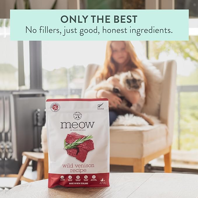 The New Zealand Natural Pet Food Co Meow Air Dried Cat Food - Venison Recipe, High Protein Dry Food Use as a Complete Diet, Topper, Mixer, or as Cat Training Treats, All Life Stages, 26.5 oz