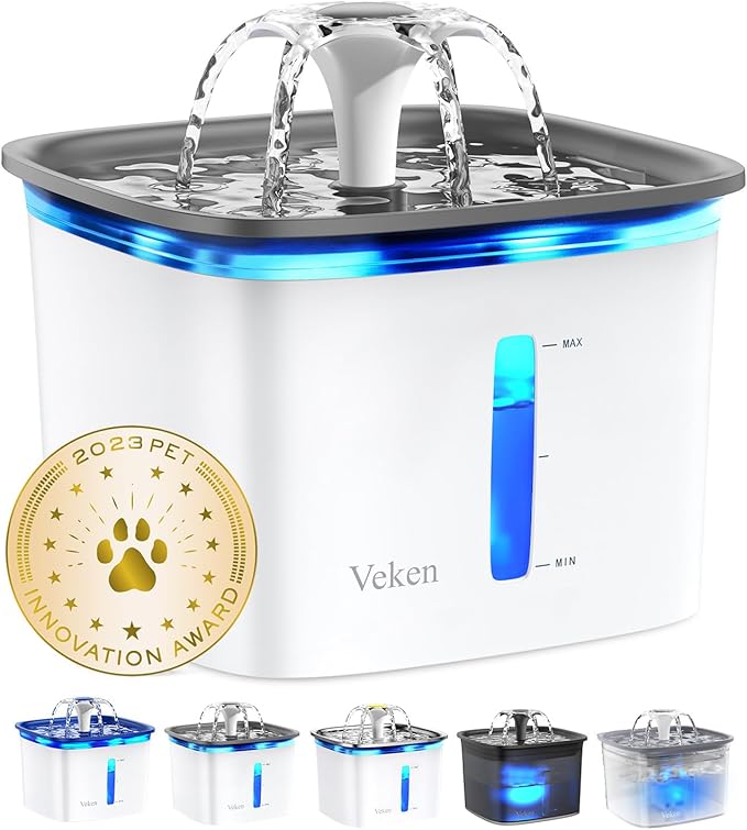 Veken Innovation Award Winner 95oz/2.8L Pet Fountain, Automatic Cat Water Fountain Dog Water Dispenser with Replacement Filters for Cats, Dogs, Multiple Pets (Grey, Plastic)