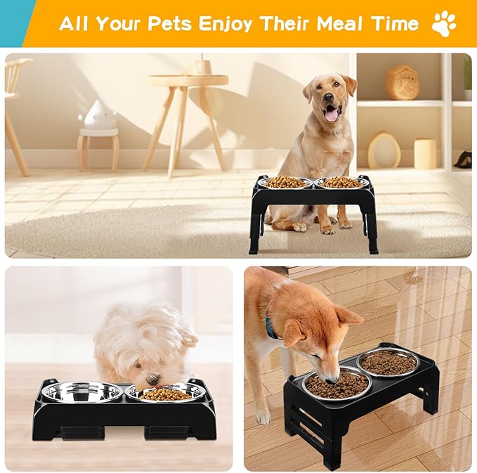 Elevated Dog Bowls for Small Medium Dogs, 3 Height Adjustable Raised Stand with 2 Thick 6" Stainless Steel Food Bowls, Non-Slip Feeder Adjusts to 2.75", 6", 7.5", Black