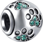 EMOSTAR Dog Paw Print Charms with Various Birthstone Crystals, 925 Sterling Silver Pawprint Beads for 3mm Snake Chain, Pet Lover Gifts for European Women Bracelet