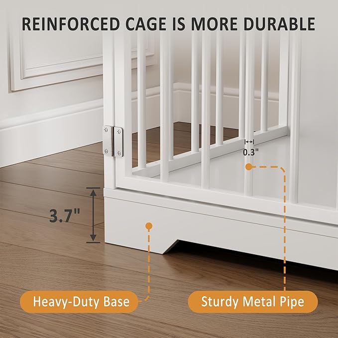 48'' Dog Crate Furniture, Farmhouse Heavy Duty Dog Kennel with Bowl & Storage Drawers, Medium Dog Cage End Table for Small Medium Dogs, White