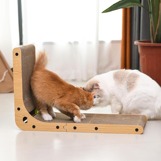 Cat Scratcher Cat Claw Board L-Shaped Vertical Simple and Durable Cat Claw Board Not Easy to Drop Scraps Belt Bell Ball Cat Scratching Board (Grainy)