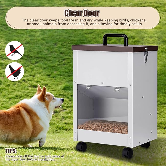 Outdoor Automatic Dog Feeder Large Breed 28 Lbs Capacity, Galvanized Metal Self Feeding Dog Food Dispenser with Clear Door, Gravity Pet Feeder Wall Mountable, Easy to Move with Wheels