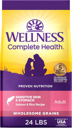 Wellness Complete Health Sensitive Skin & Stomach Dry Dog Food, Wholesome Grains, Natural, Salmon & Rice Recipe, (24-Pound Bag)