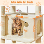 Taoqimiao Large Cat Tree，73-Inch Cat Tree Tower with 9 Scratching Posts for Indoor Cats, 2 Large Cat Condo with Hammock, Hanging Basket, 2 Extended Platform, Beige MS013XLM