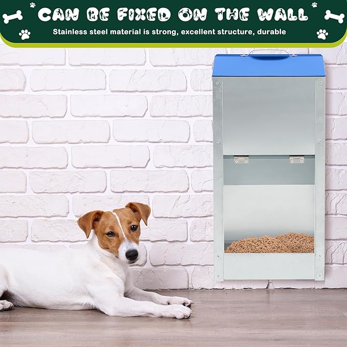 2 Pcs Large Automatic Dog Feeders with Handle Acrylic Panel Galvanized Gravity Feeder Outdoor Hanging for Doggie Breed Dog Food Dispenser Container (Blue,25 Lbs)