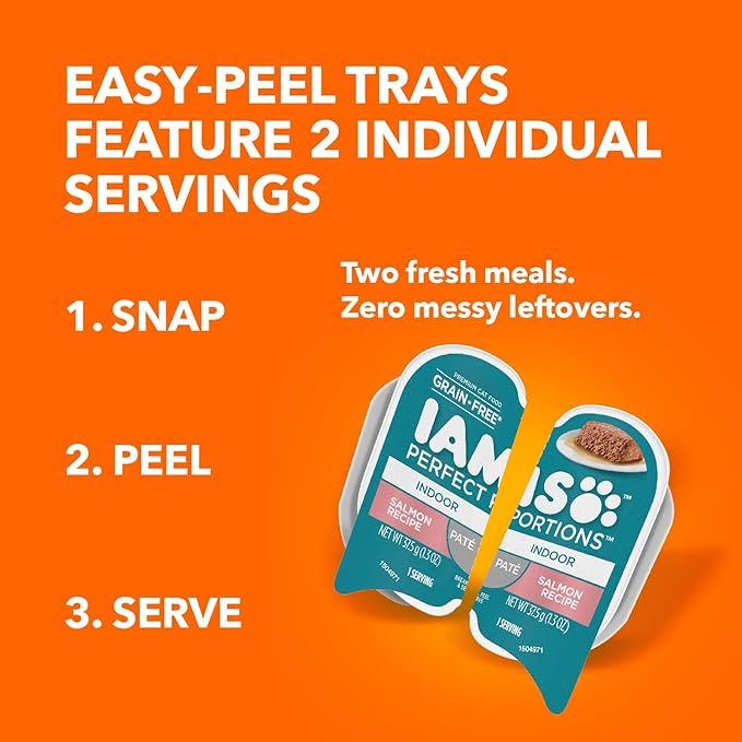 IAMS Perfect Portions Indoor Adult Grain Free Wet Cat Food Pate, Salmon Recipe, 2.6 oz. Easy Peel Twin-Pack Trays (24 Count, 48 Servings)