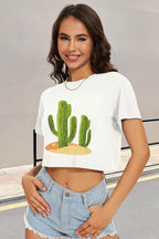 Womens Summer Crop Tops Short Sleeve Round Neck T-Shirts Loose Fit Casual Blouse