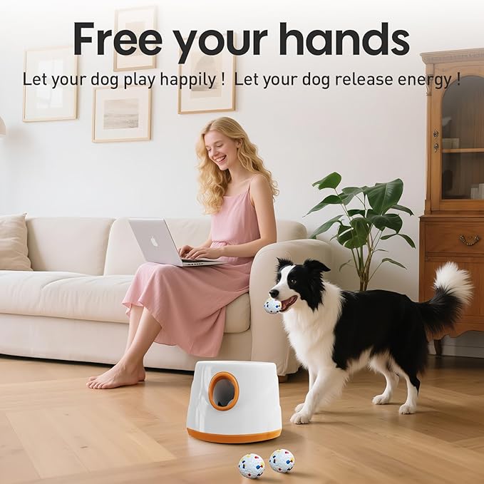 Automatic Ball Launcher for Dogs - Dog Ball Thrower Launcher with 3 Etpu Sphere, 3 Adjustable Distances (20ft/33ft/46ft), Interactive Thrower Machine, Mental Stimulation Dog Toys