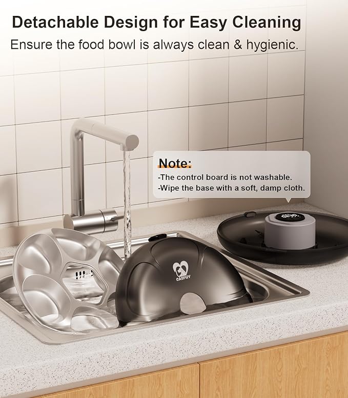 Casfuy Automatic Cat Feeder Cordless - Automatic Cat Food Dispenser with Stainless Steel Tray for Wet Food Rechargeable Auto Feeder for Cats Small Dogs with Programmable Timer Low Battery Indicator