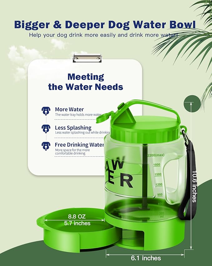 Dog Water Bottle Portable Bowls - 77oz Large Travel Water Bowl Dispenser for Dogs, Pet Camping Beach Essentials Traveling Car Park Accessories, Leak Proof Pet Drinking Dispenser On The Go, Green