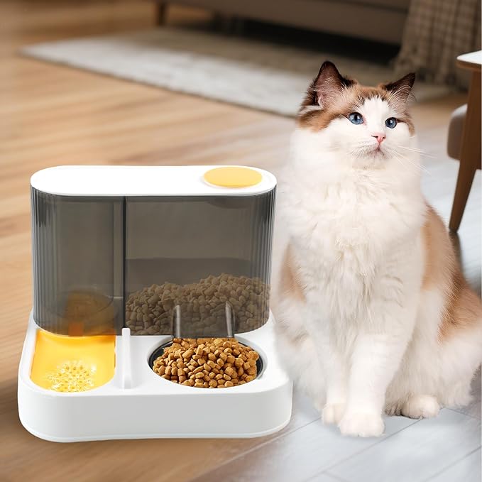 2 in 1 Automatic Cat Feeder and Water Dispenser Combo,All-in-One Dog Food and Water Dispenser Set with Stainless Steel Food Bowl Detachable Gravity Feeder for Cat Kitten Small Dog(Yellow)