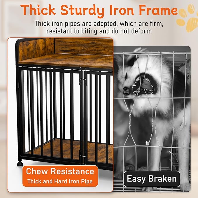 Large Dog Crate Furniture, Dog Kennel Indoor, Heavy Duty Dog Crate for Large Medium Dogs 42 Inch, Wooden Dog Cage Brown End Table with Table Guardrail