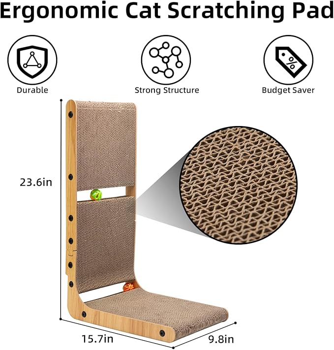 Nekosan Cat Scratcher, L-Shaped Cat Scratching Post, for Wall and Couch Protection, Cat Scratching Board with 2 Cat Ball Toys for Indoor Cats, Large