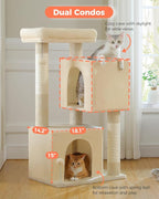 XL Cat Tree 44" Cat Tower for Large Cats 20 lbs+, 2 Spacious Caves with 3.4" Thickened Scratching Post, Large Top Perch, 2 Interactive Toys, Beige