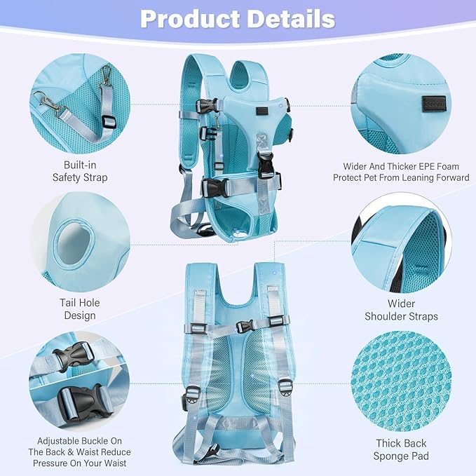 YUDODO Front Pet Carrier Backpack for Small Dogs and Cats, Secure and Breathable Mesh, Ergonomic Support, Adjustable for Walking, Hiking, or Travel (Blue M)