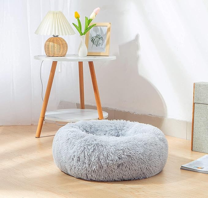 Calming Donut Dog Bed XL, Plush Round Cuddler Dog & Cat Bed, Anit-Anxiety Marshmellow Fluffy Faux Fur Cushion(32", Light Grey)
