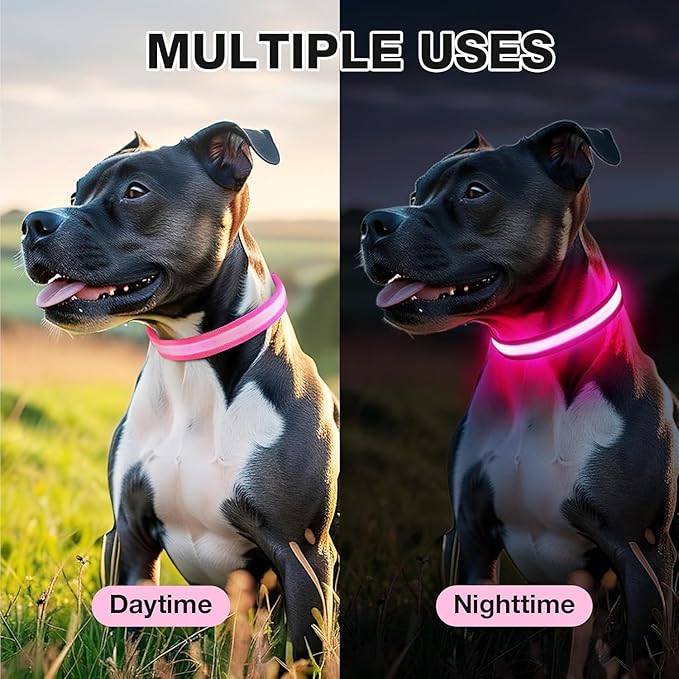 Pceotllar Light Up Collar - Rechargeable Led Dog Collar with Automatic 7-Color Changes, Water Resistant, Night Walking with High Visibility, Bright Glow (Pink, M)